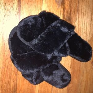 Black Furry Slippers with Cross Design